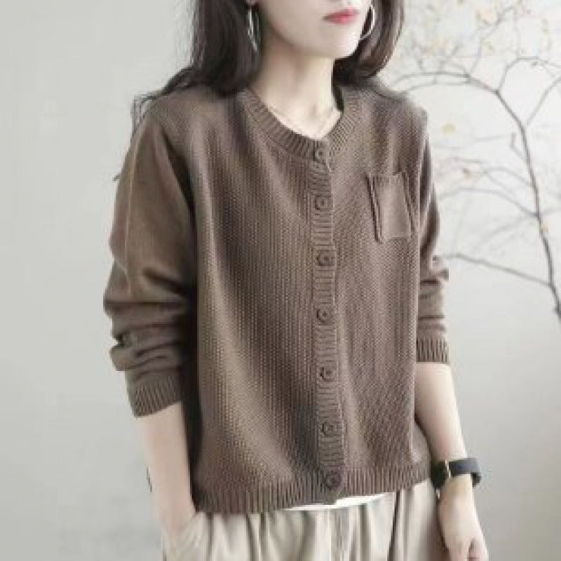 Bonnie | Womens Round Neck Knit Sweater Cardigan, Dark Khaki