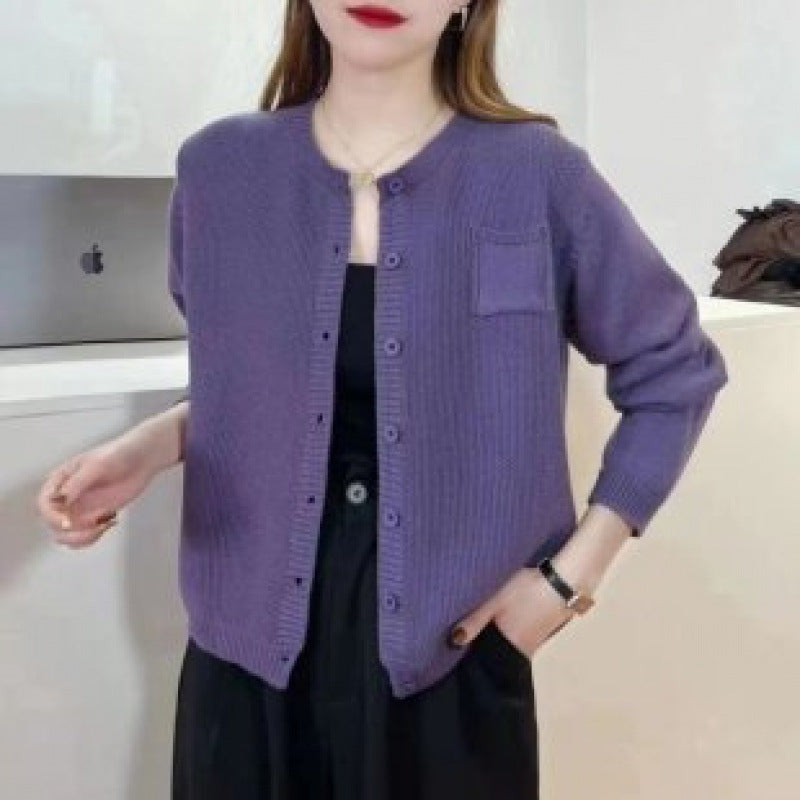 Bonnie | Womens Round Neck Knit Sweater Cardigan, Purple