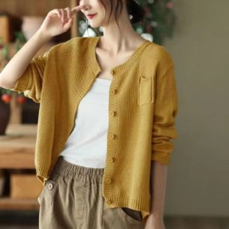 Bonnie | Womens Round Neck Knit Sweater Cardigan, Yellow