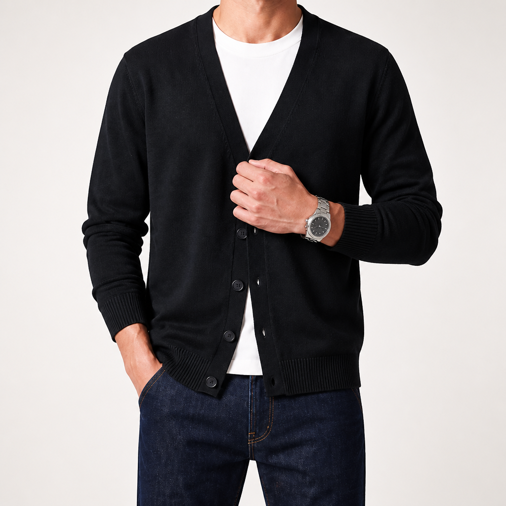 Bram | Mens Knitted V Neck Long Sleeve Button Cardigan, Black