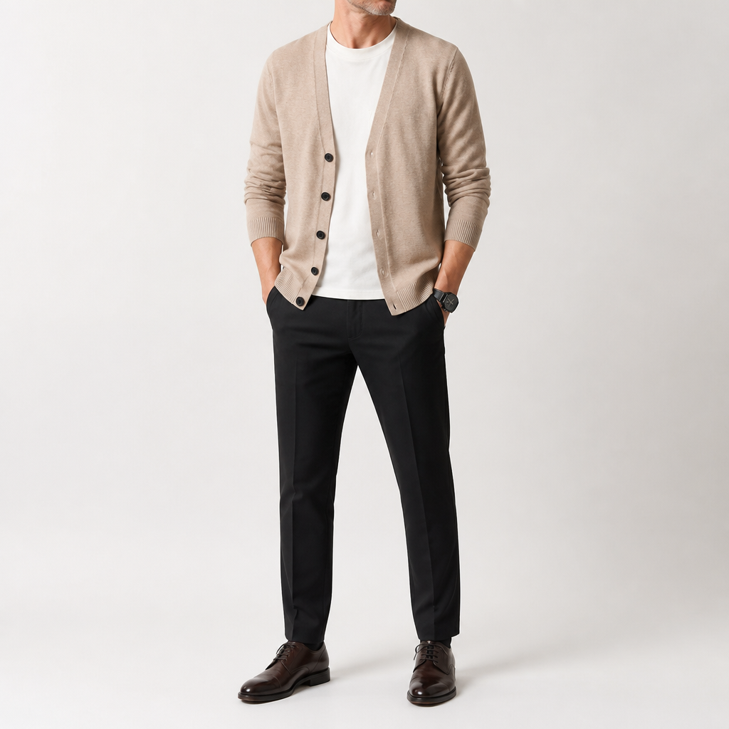Bram | Mens Knitted V Neck Long Sleeve Button Cardigan, Khaki