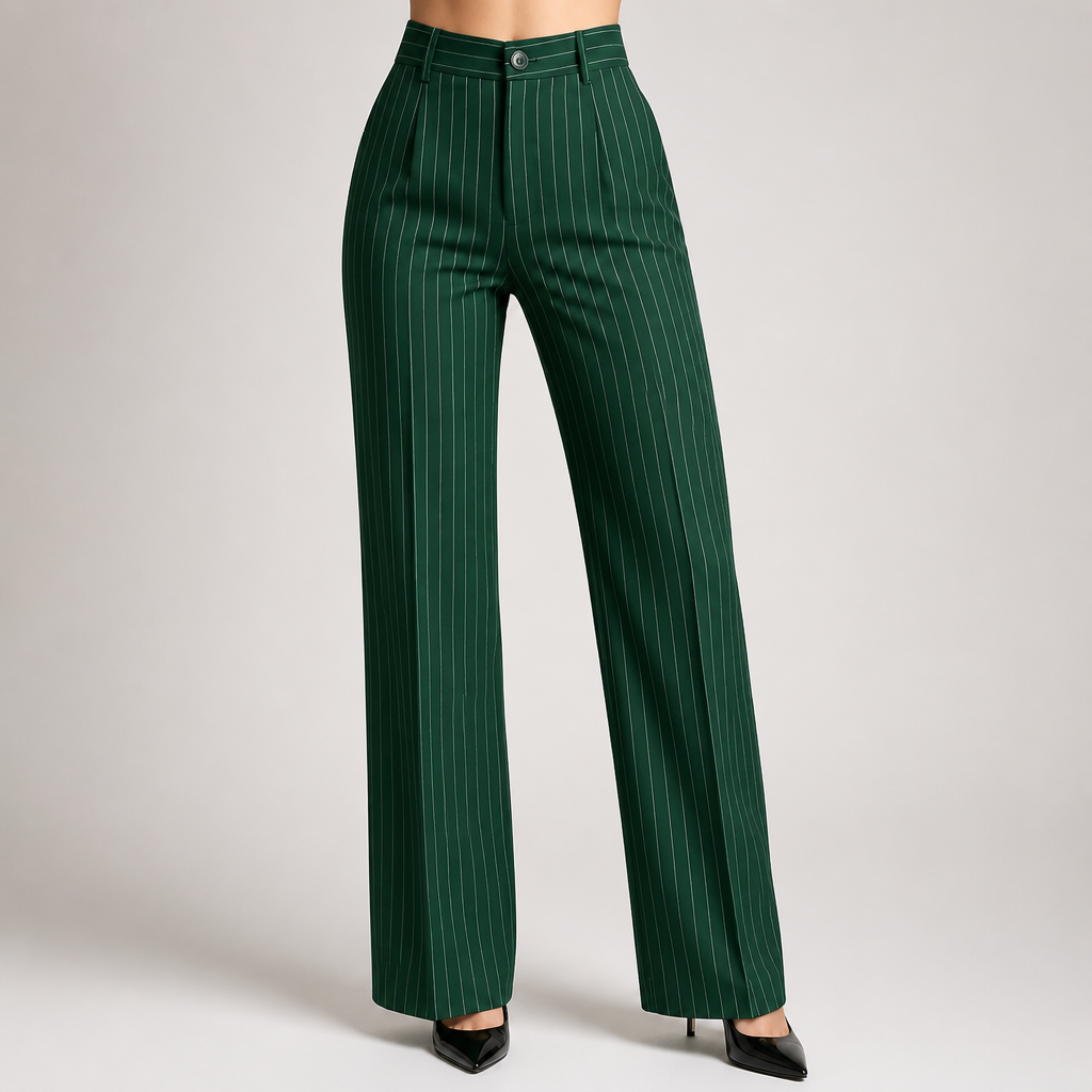 Briony | Womens Work Wide Leg High Waisted Striped Trousers, Dark Green