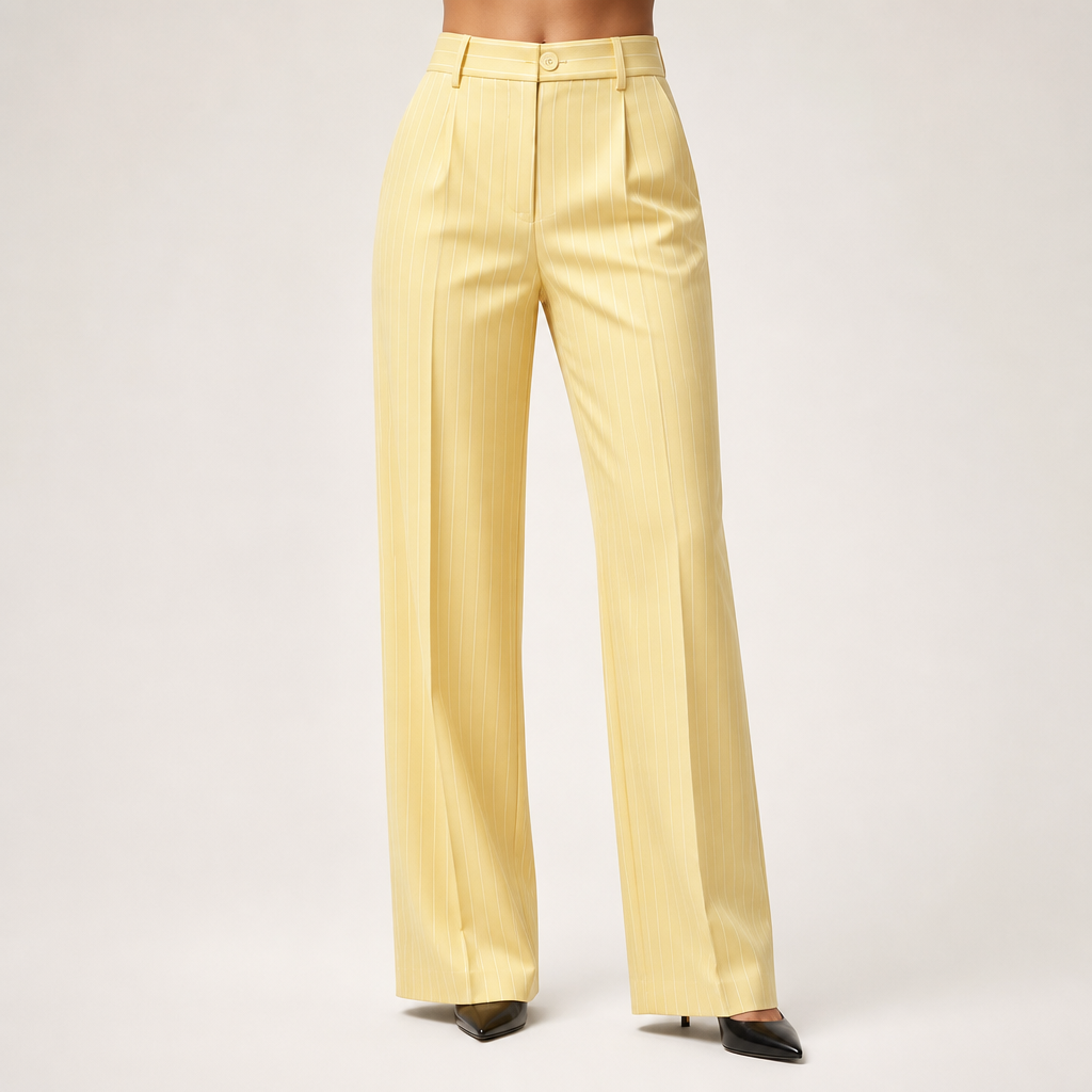 Briony | Womens Work Wide Leg High Waisted Striped Trousers, Yellow