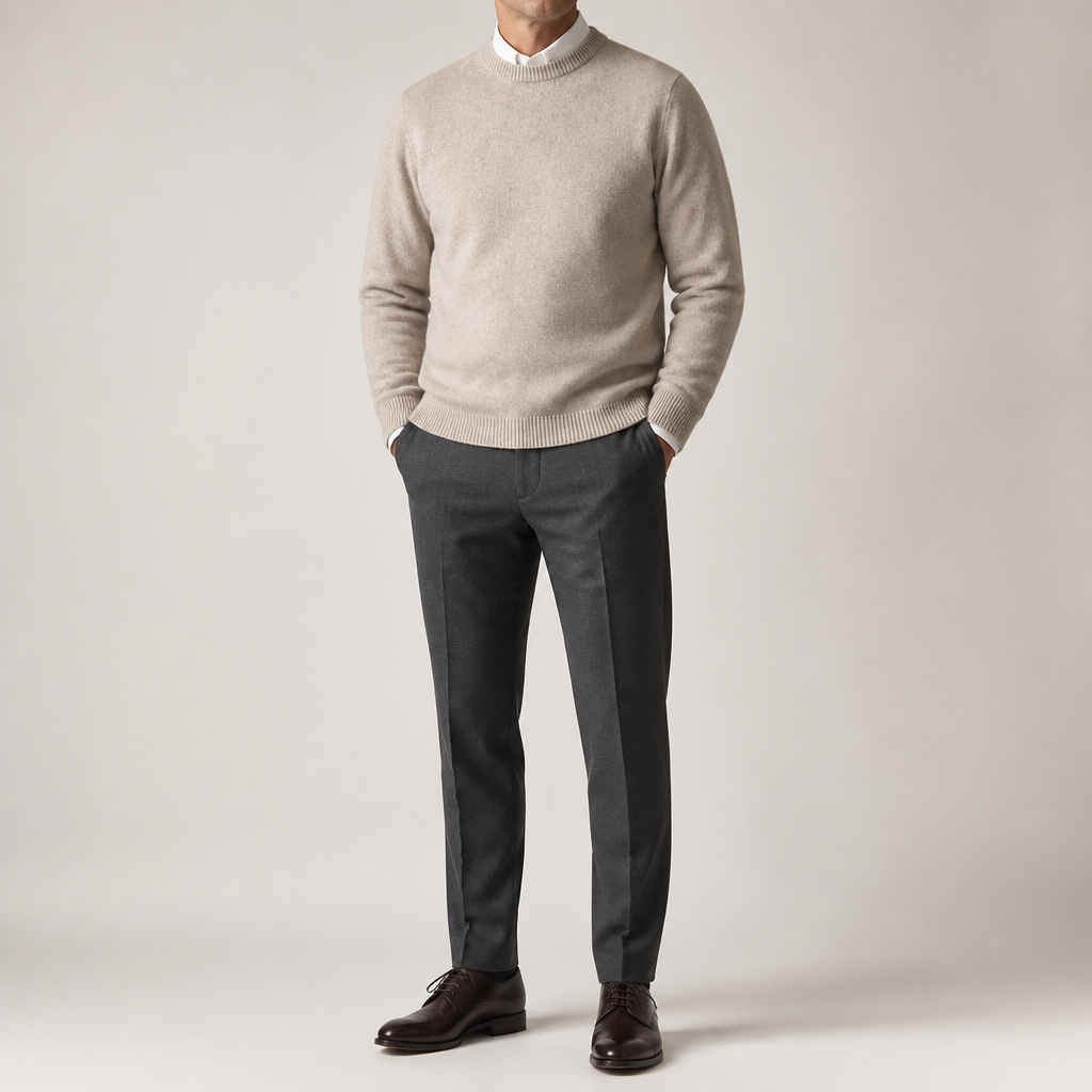 Callum | Mens Knitted Jumper Round Neck Slim Fit Sweater, Camel