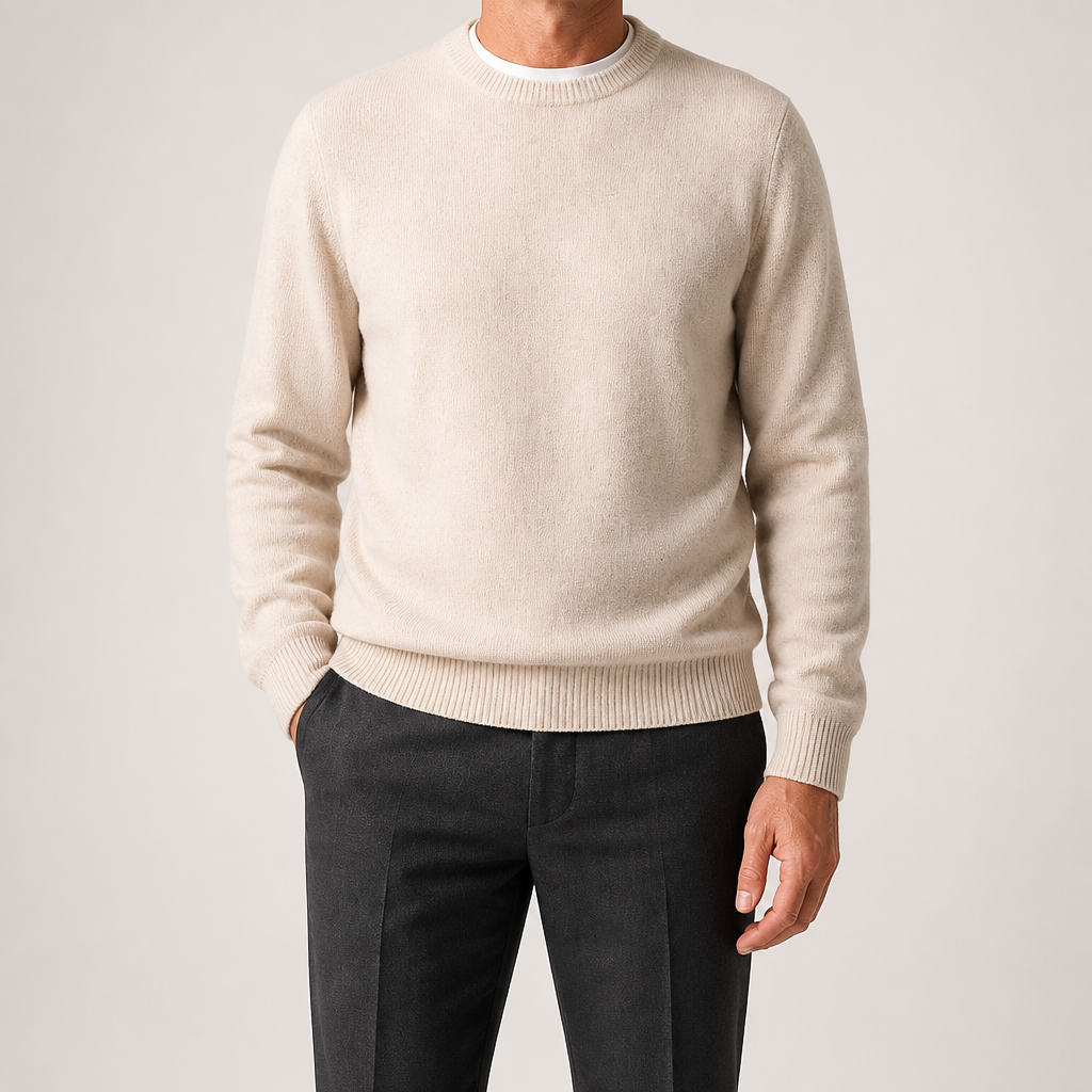 Callum | Mens Knitted Jumper Round Neck Slim Fit Sweater, Off White