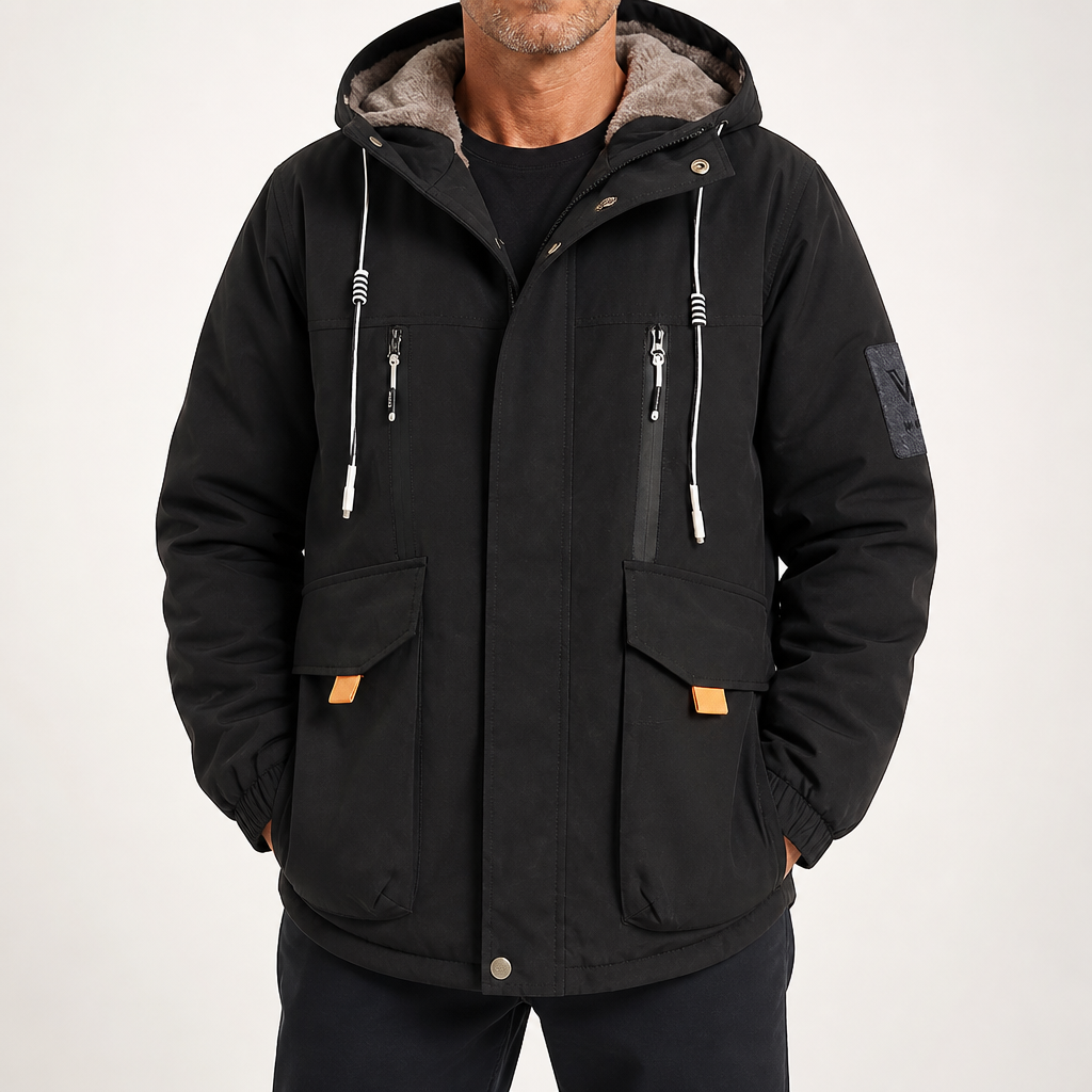 Callum | Mens Winter Fleece Lined Hooded Parka Padded Jacket, Black