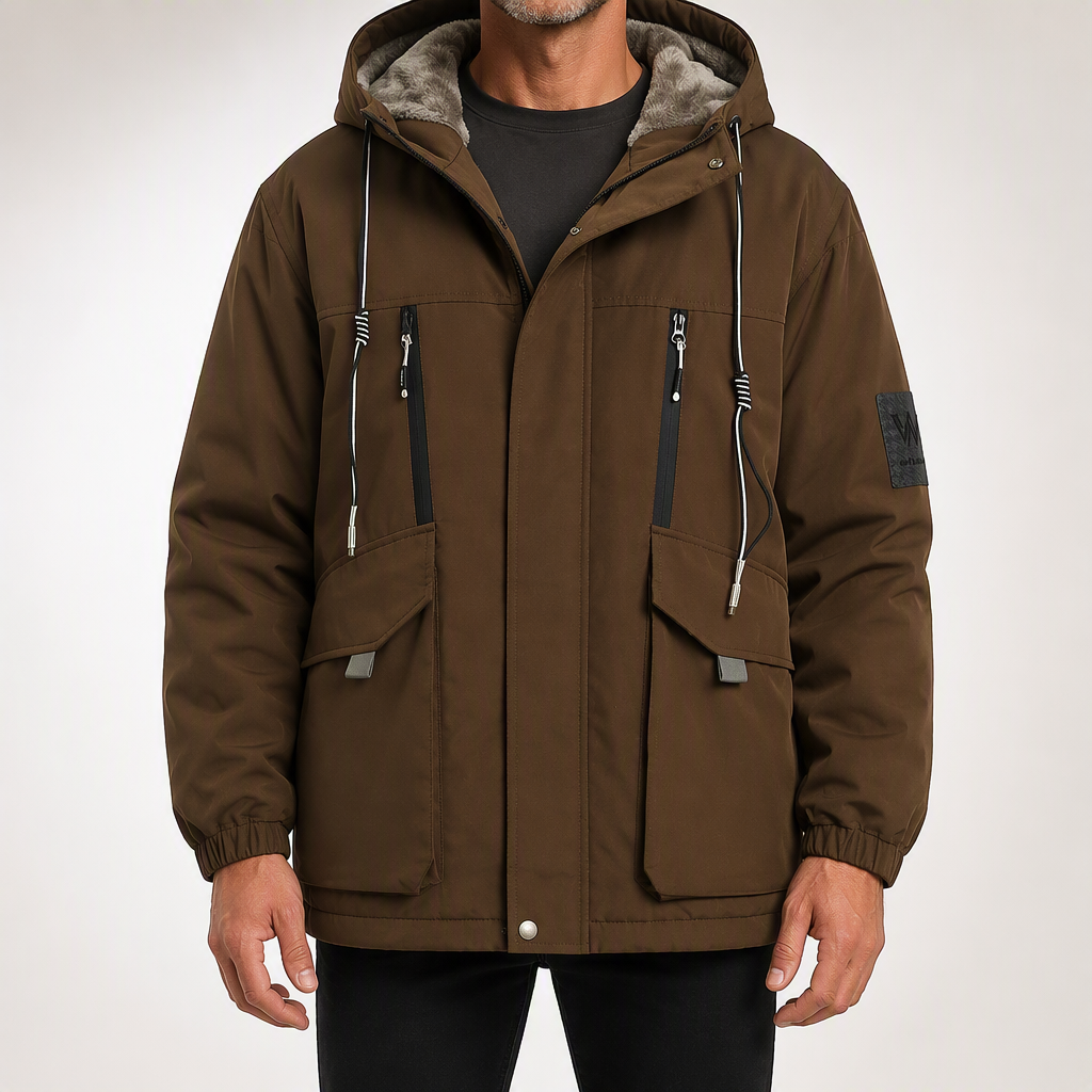 Callum | Mens Winter Fleece Lined Hooded Parka Padded Jacket, Brown