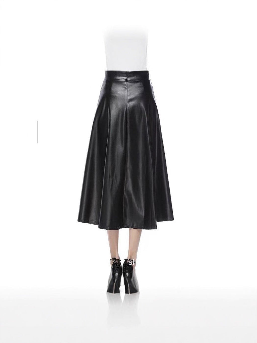 Camille | Womens High Waisted Faux Leather Long Midi Skirt - Black