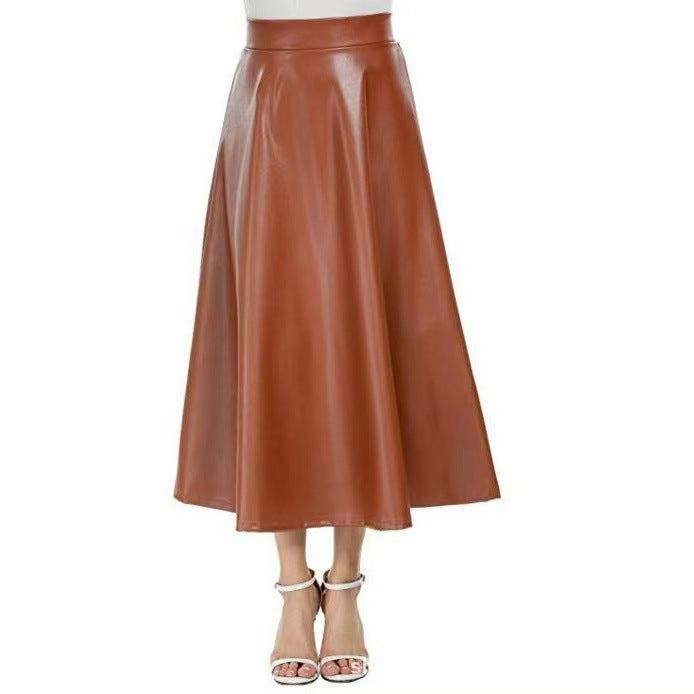 Camille | Womens High Waisted Faux Leather Long Midi Skirt - Khaki