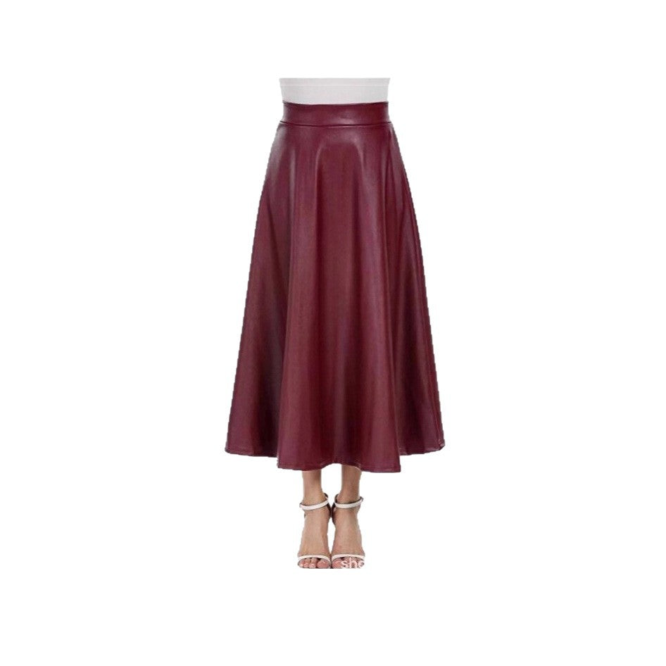 Camille | Womens High Waisted Faux Leather Long Midi Skirt - Wine Red