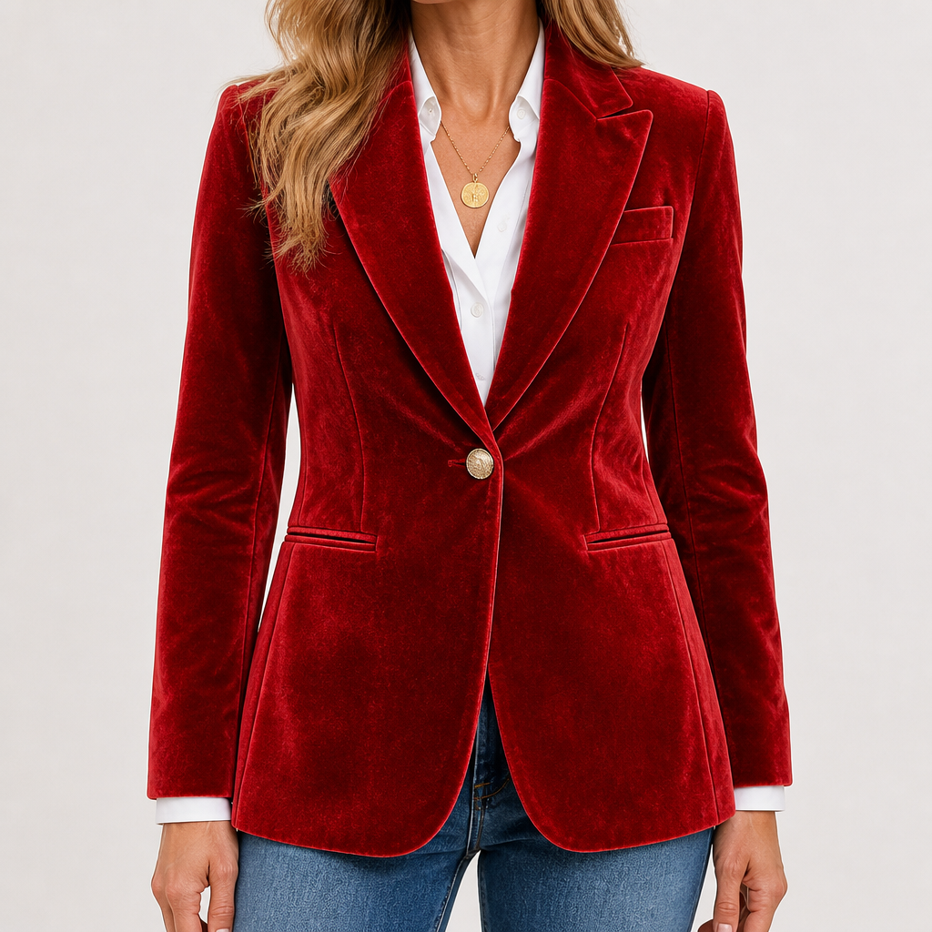 Camille | Womens Slim Fit Velvet Blazer Smart Tailored Jacket, Red