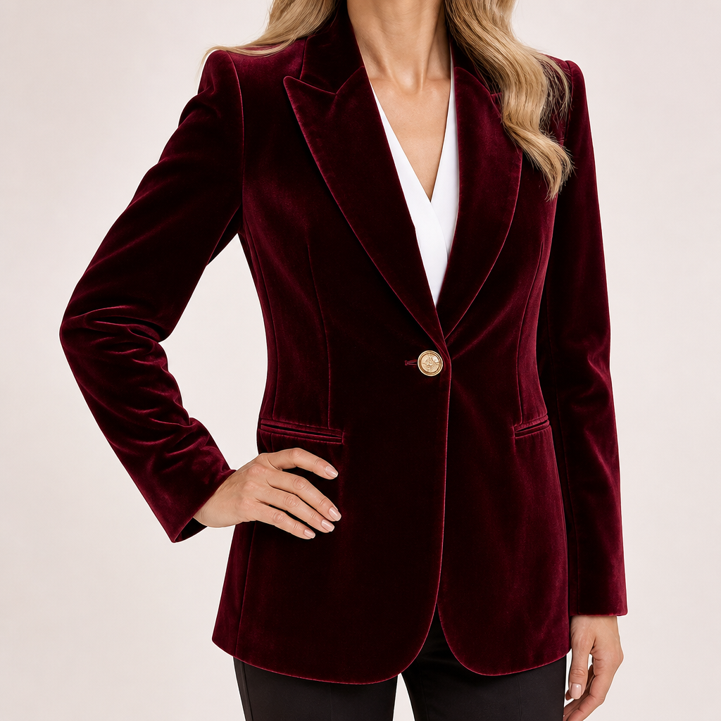 Camille | Womens Slim Fit Velvet Blazer Smart Tailored Jacket, Wine Red