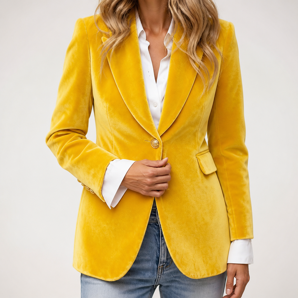 Camille | Womens Slim Fit Velvet Blazer Smart Tailored Jacket, Yellow