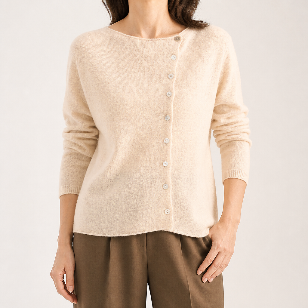 Celestine | Womens Cardigan Fine Knit Crew Neck Single Breasted Knitted Cardigan, Cream