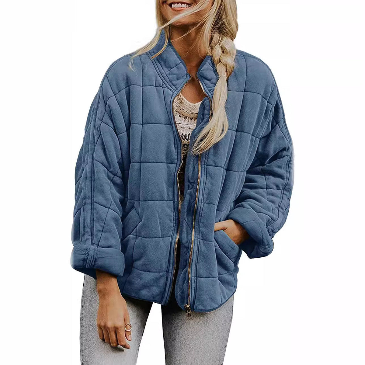 Cilla | Womens Stand Collar Padded Jacket - Grey Blue