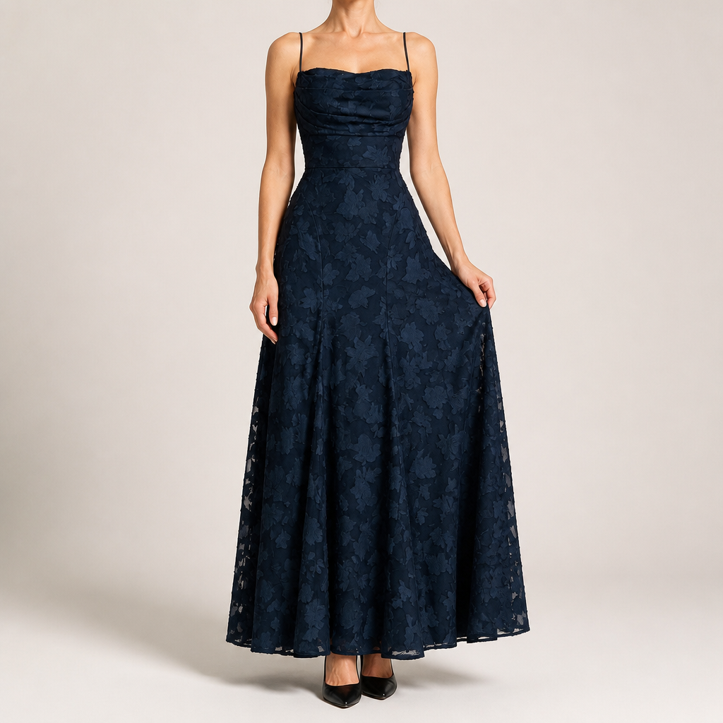 Colette | Womens Wedding Guest Maxi Lace A-Line High Waist Dresses, Navy Blue