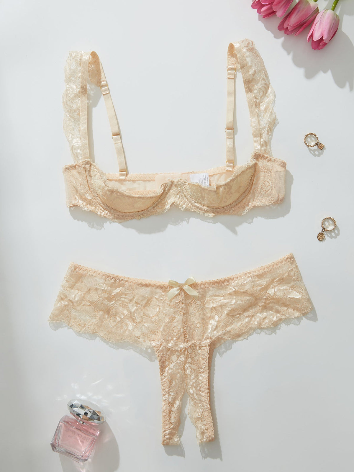 Colette | Womens Lace Bra Thong Lingerie Set - Apricot