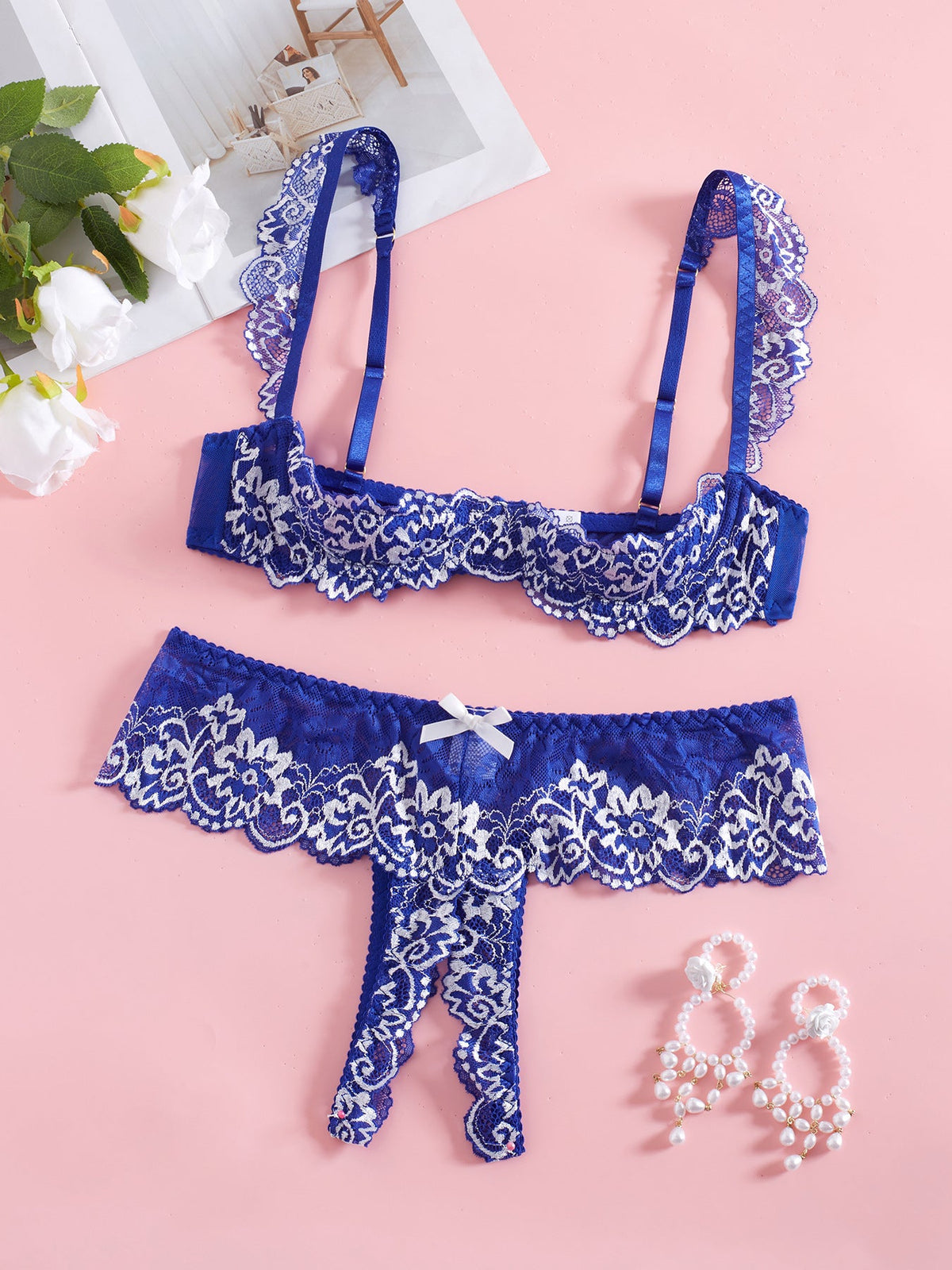 Colette | Womens Lace Bra Thong Lingerie Set - Blue White