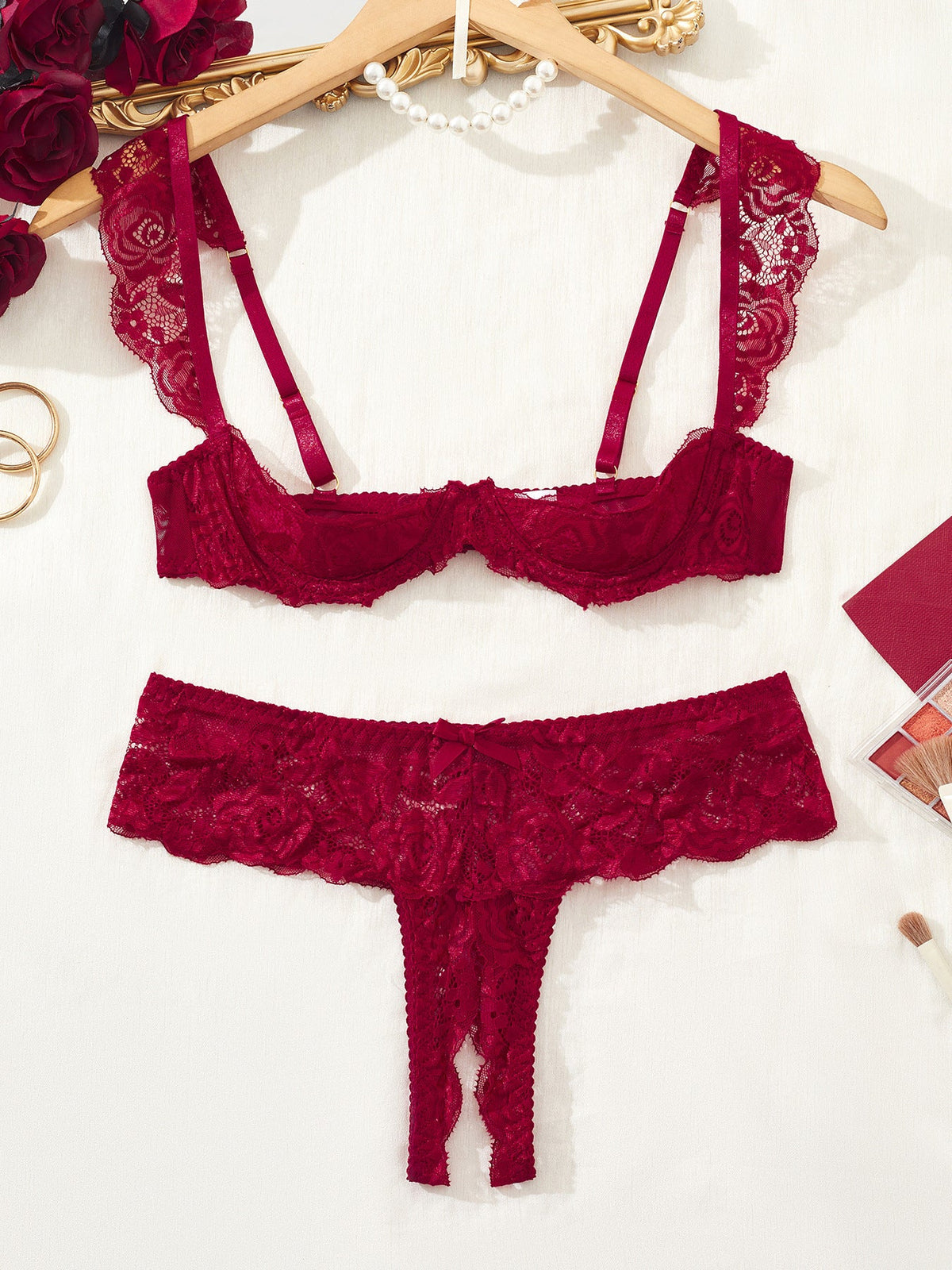 Colette | Womens Lace Bra Thong Lingerie Set - Wine Red
