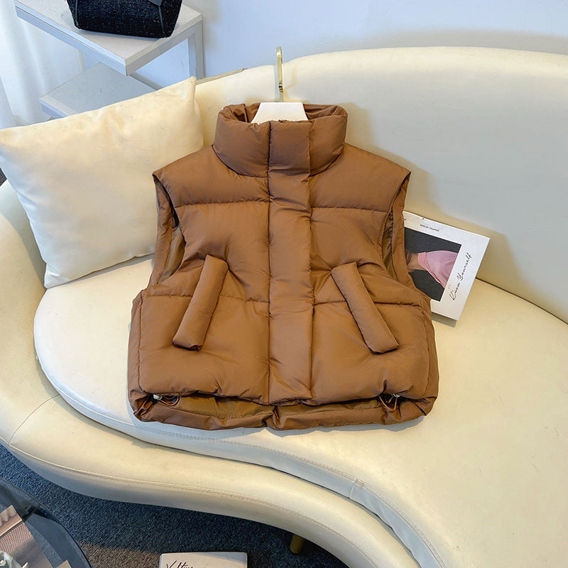 Cora | Womens Cropped Stand Collar Puffer Vest, Coffee