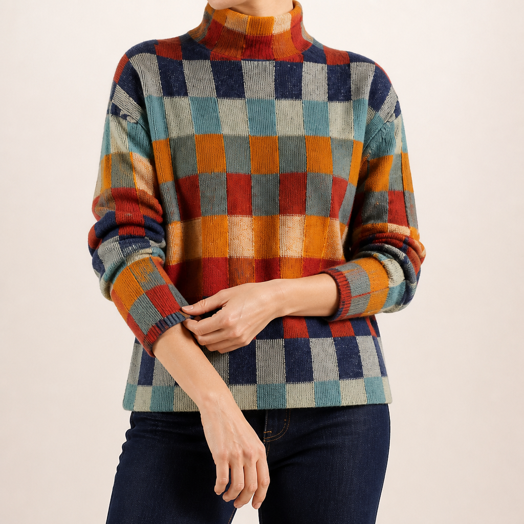 Coralie | Womens Knitted Jumper Checkerboard Long Sleeve Pullover Sweater, Multi