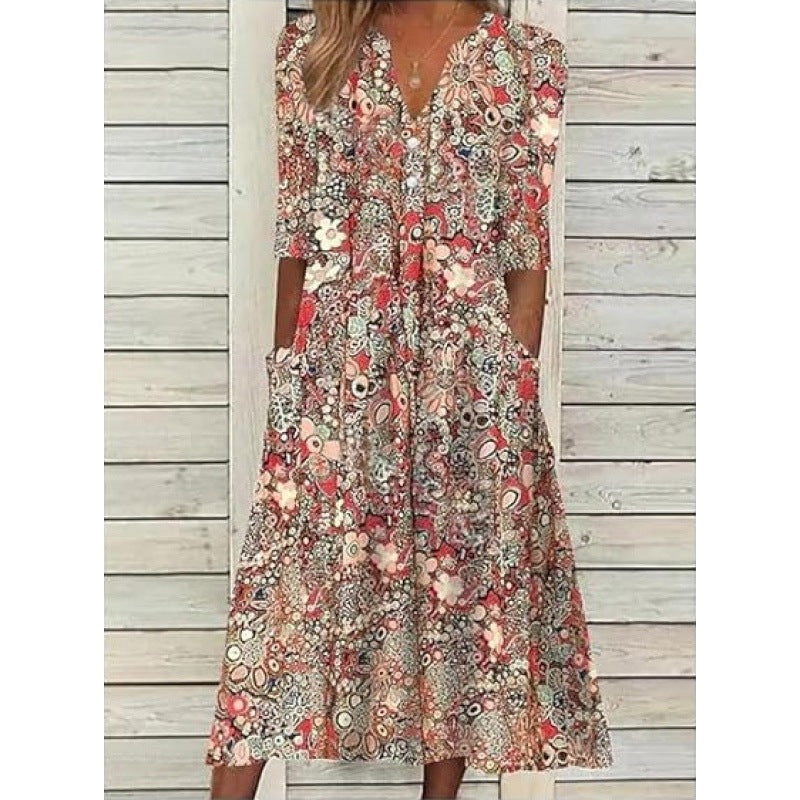 Coraline | Womens V Neck Printed Vacation Dress with Pockets - 8