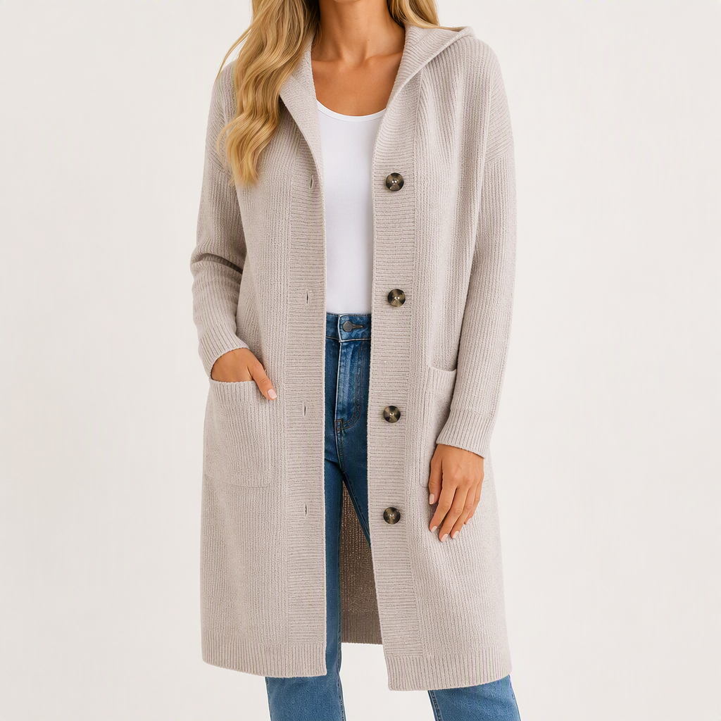 Cordelia | Womens Long Hooded Knit Button Pocket Cardigan Jacket, Light Grey