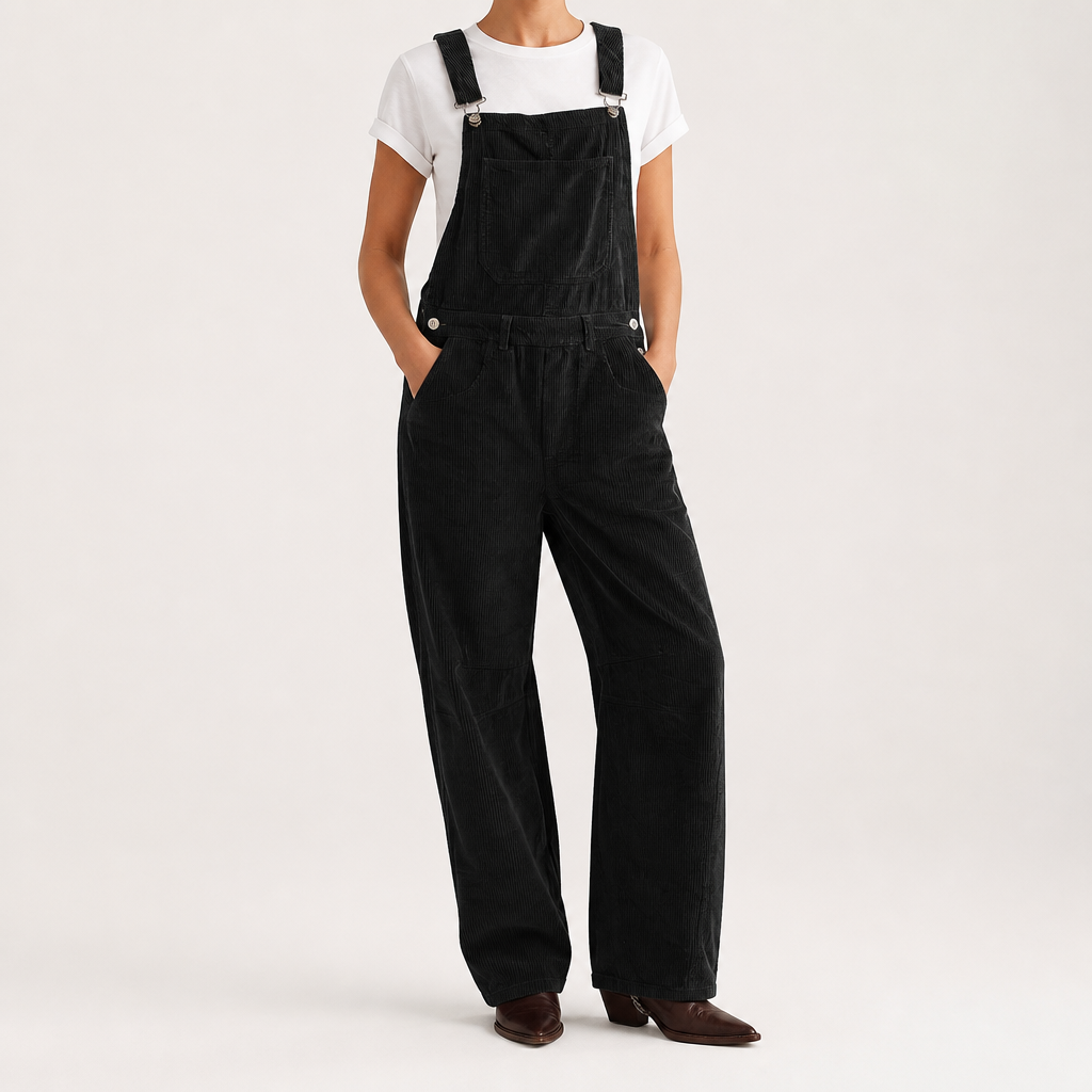Coretta | Womens Corduroy Casual Adjustable Strap Vintage Overalls Dungarees, Black