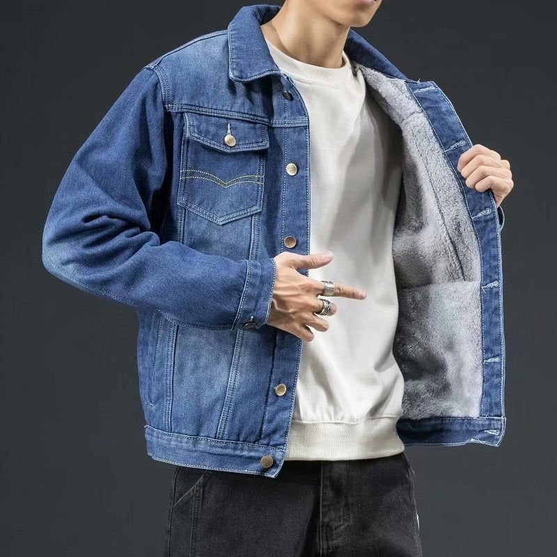 Cormac | Mens Fleece Lined Denim Jacket - Dark Blue Fleece Lined