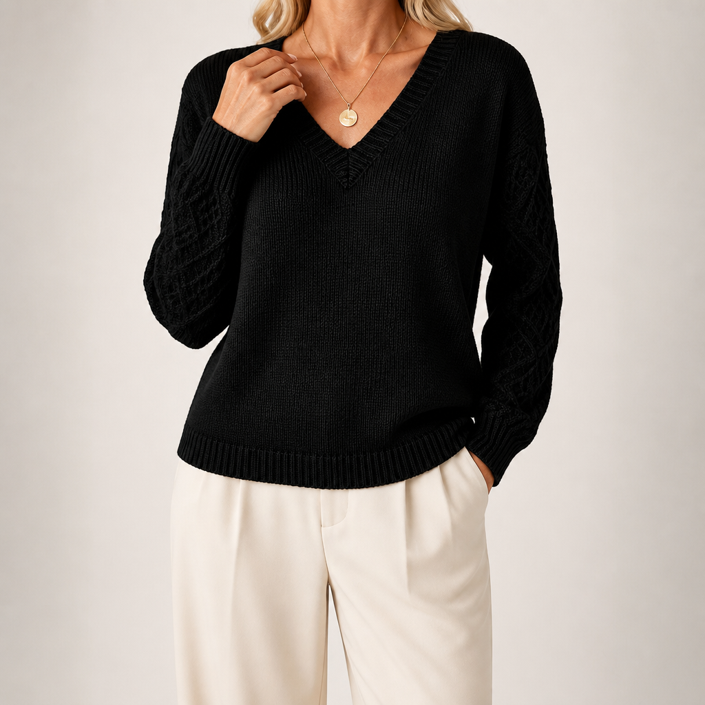 Daphne | Womens Crochet V Neck Knitted Jumper, Black