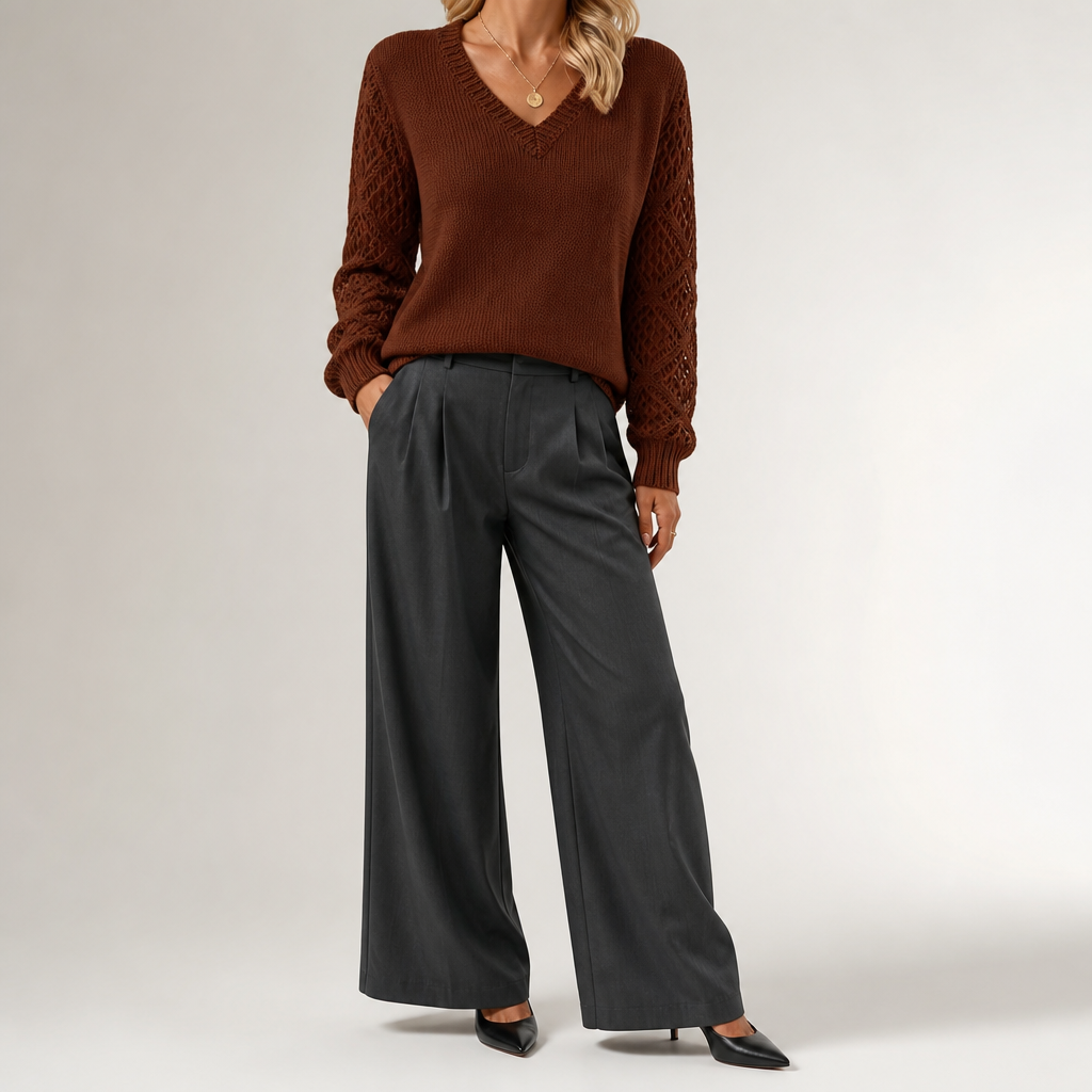 Daphne | Womens Crochet V Neck Knitted Jumper, Brown