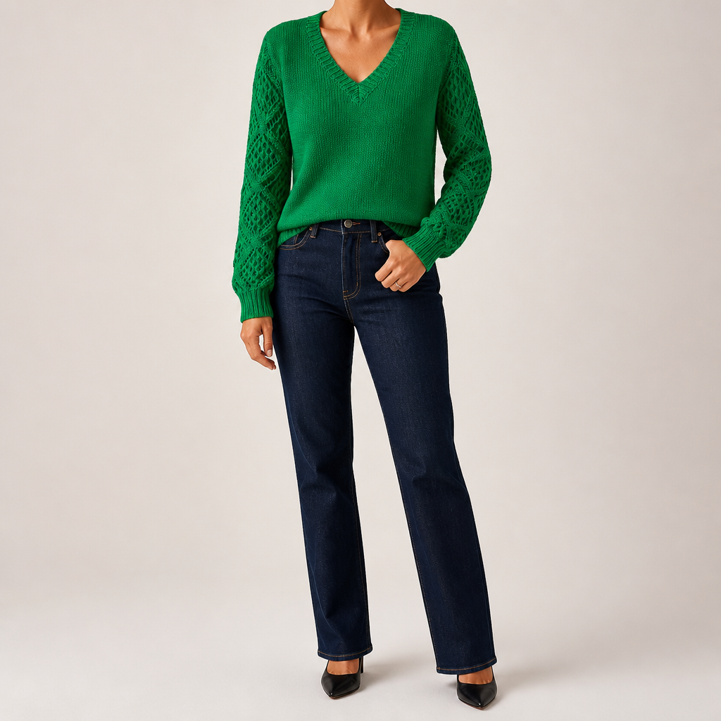 Daphne | Womens Crochet V Neck Knitted Jumper, Green