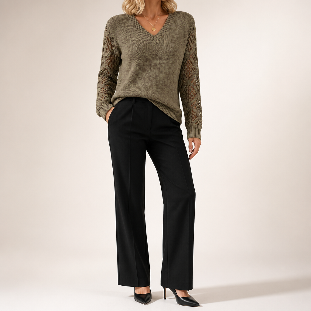 Daphne | Womens Crochet V Neck Knitted Jumper, Pickle