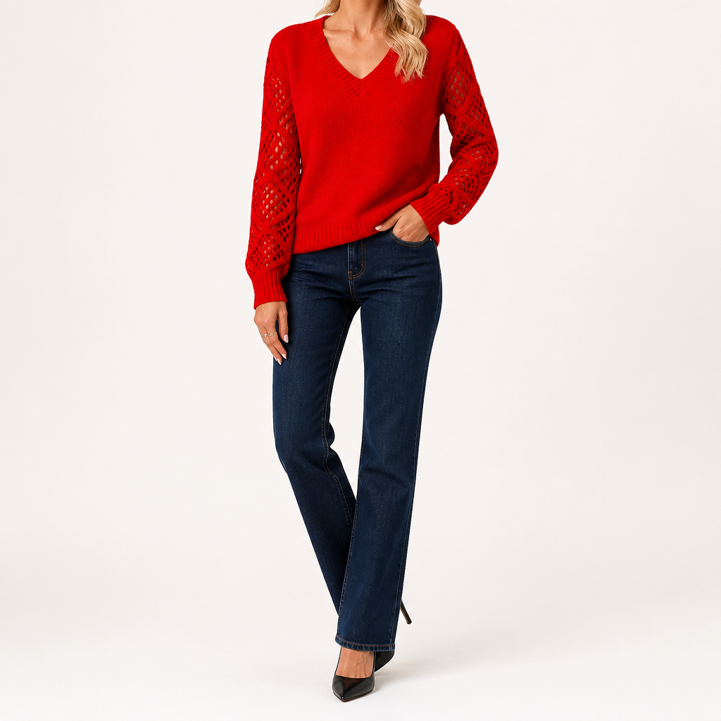 Daphne | Womens Crochet V Neck Knitted Jumper, Red