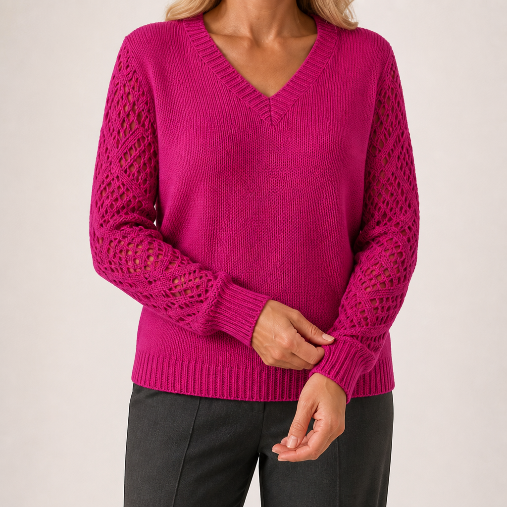 Daphne | Womens Crochet V Neck Knitted Jumper, Rose Red