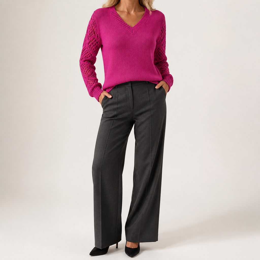 Daphne | Womens Crochet V Neck Knitted Jumper, Rose Red