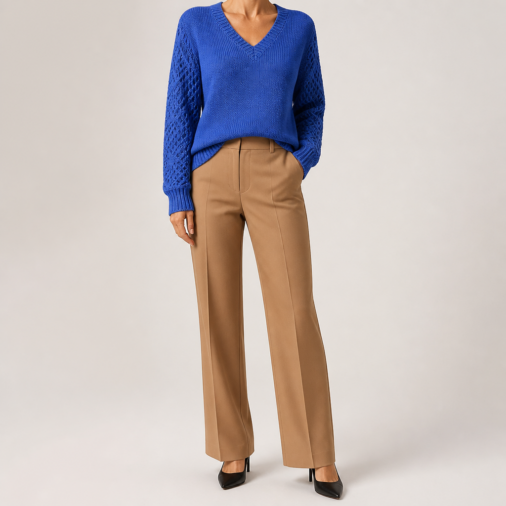 Daphne | Womens Crochet V Neck Knitted Jumper, Royal Blue