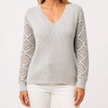 Daphne | Womens Crochet V Neck Knitted Jumper, Silver Grey