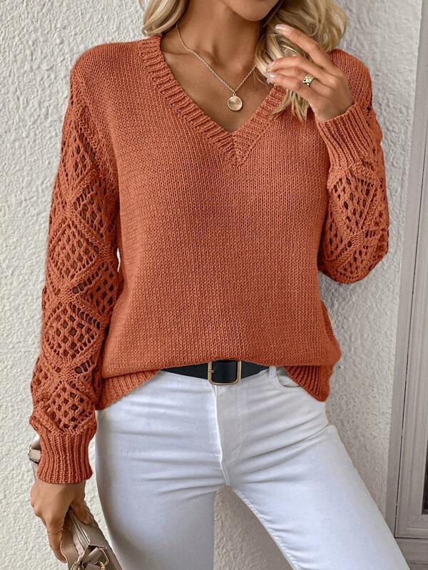Daphne | Womens Crochet V Neck Knitted Jumper - Terracotta