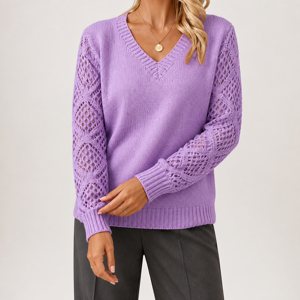 Daphne | Womens Crochet V Neck Knitted Jumper, Violet