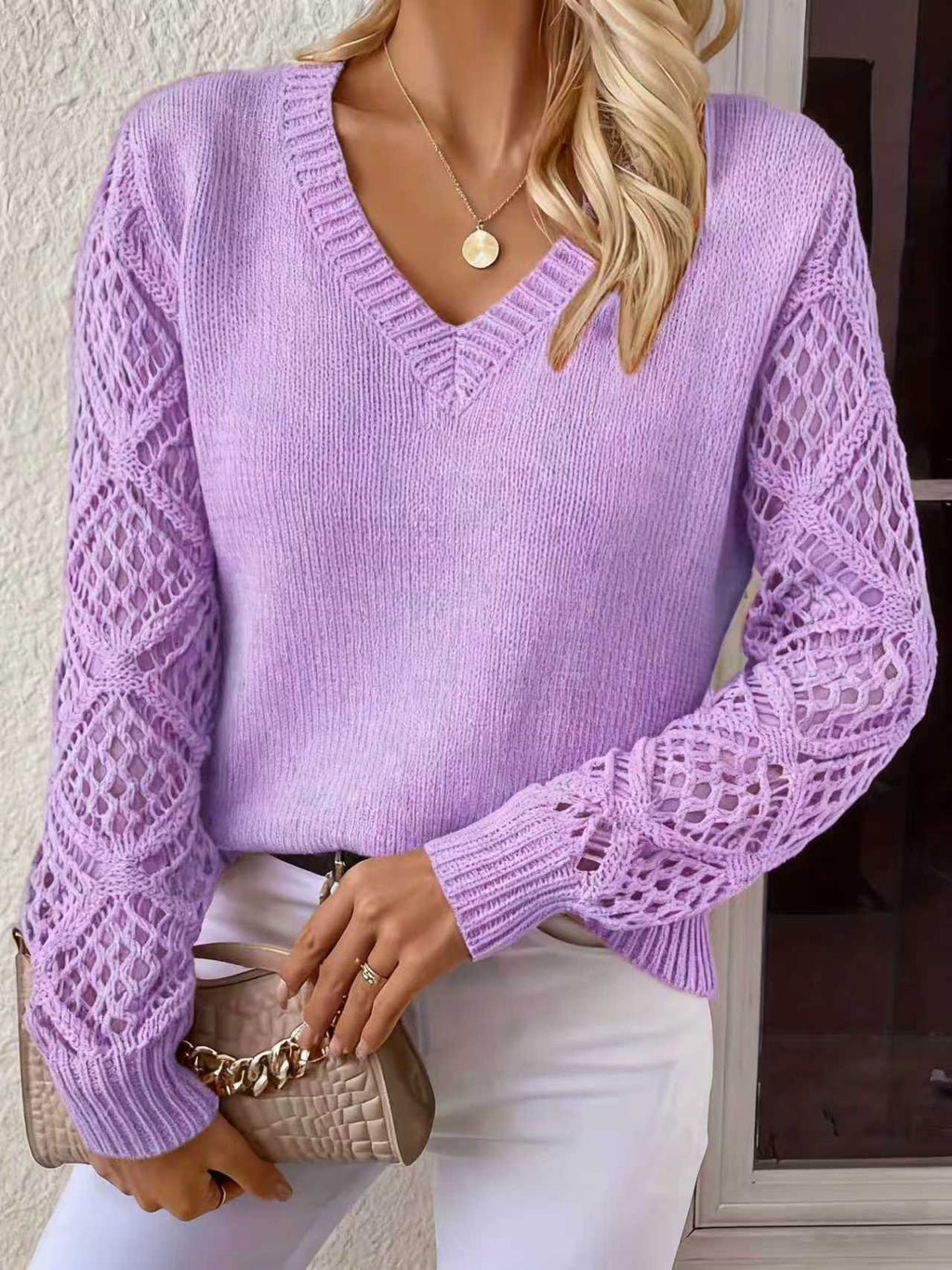Daphne | Womens Crochet V Neck Knitted Jumper - Violet