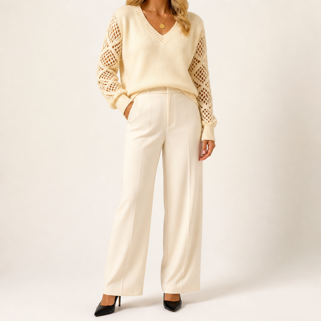 Daphne | Womens Crochet V Neck Knitted Jumper, White Apricot