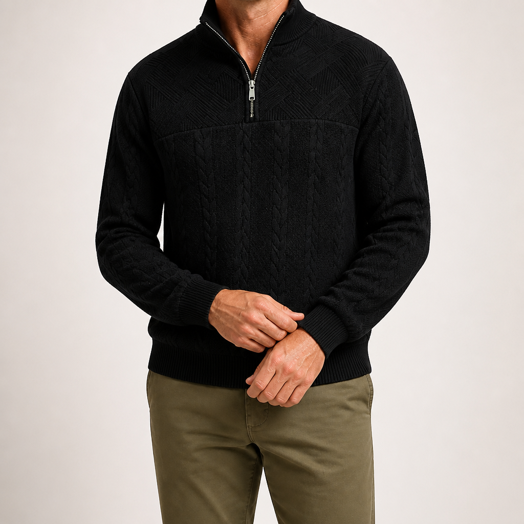 Dashiell | Mens Retro Casual Knitted Pullover Zip Shirt, Black