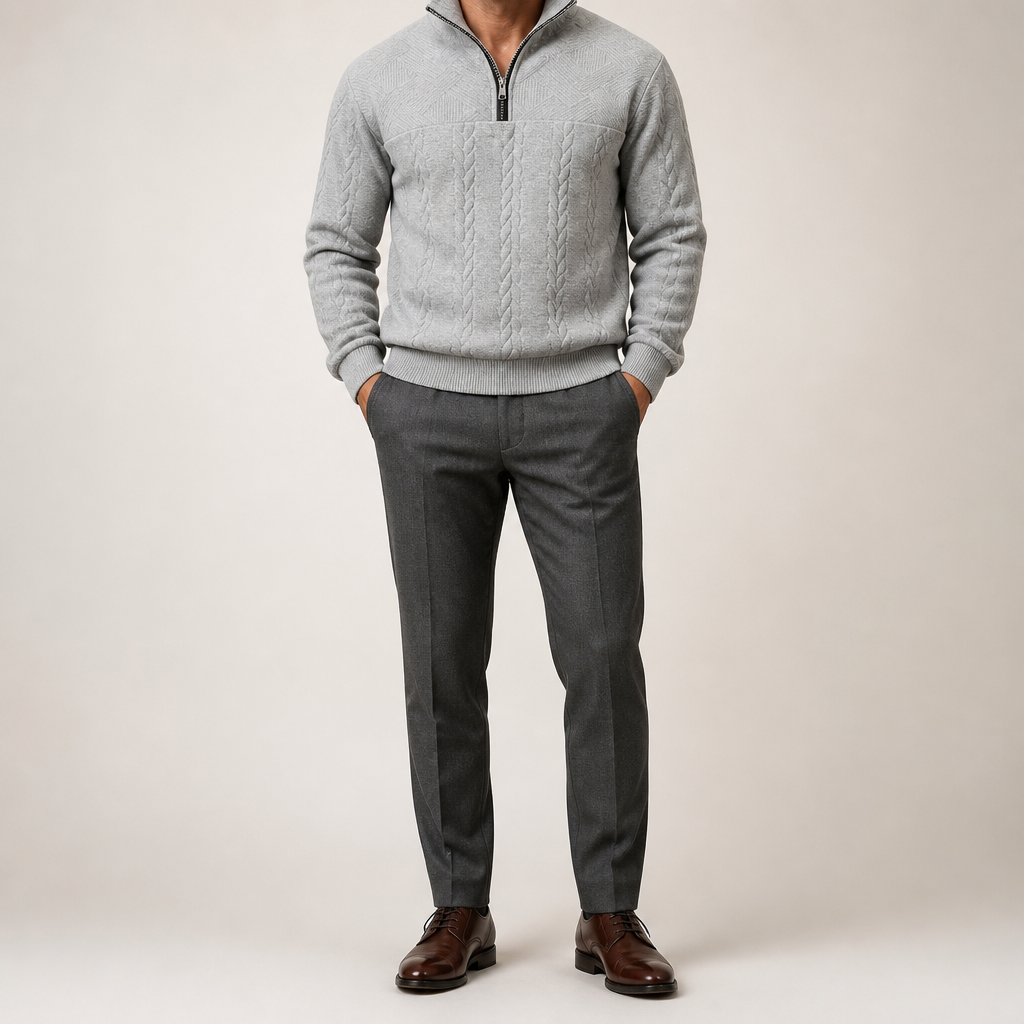 Dashiell | Mens Retro Casual Knitted Pullover Zip Shirt, Light Grey