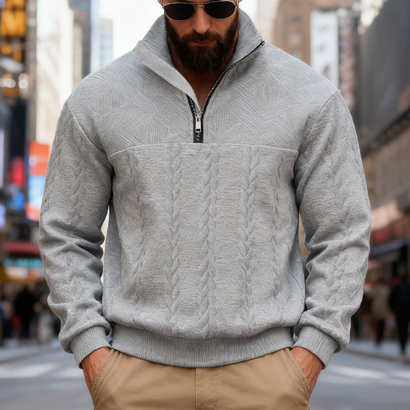 Dashiell | Mens Retro Casual Knitted Pullover Zip Shirt - Light Grey