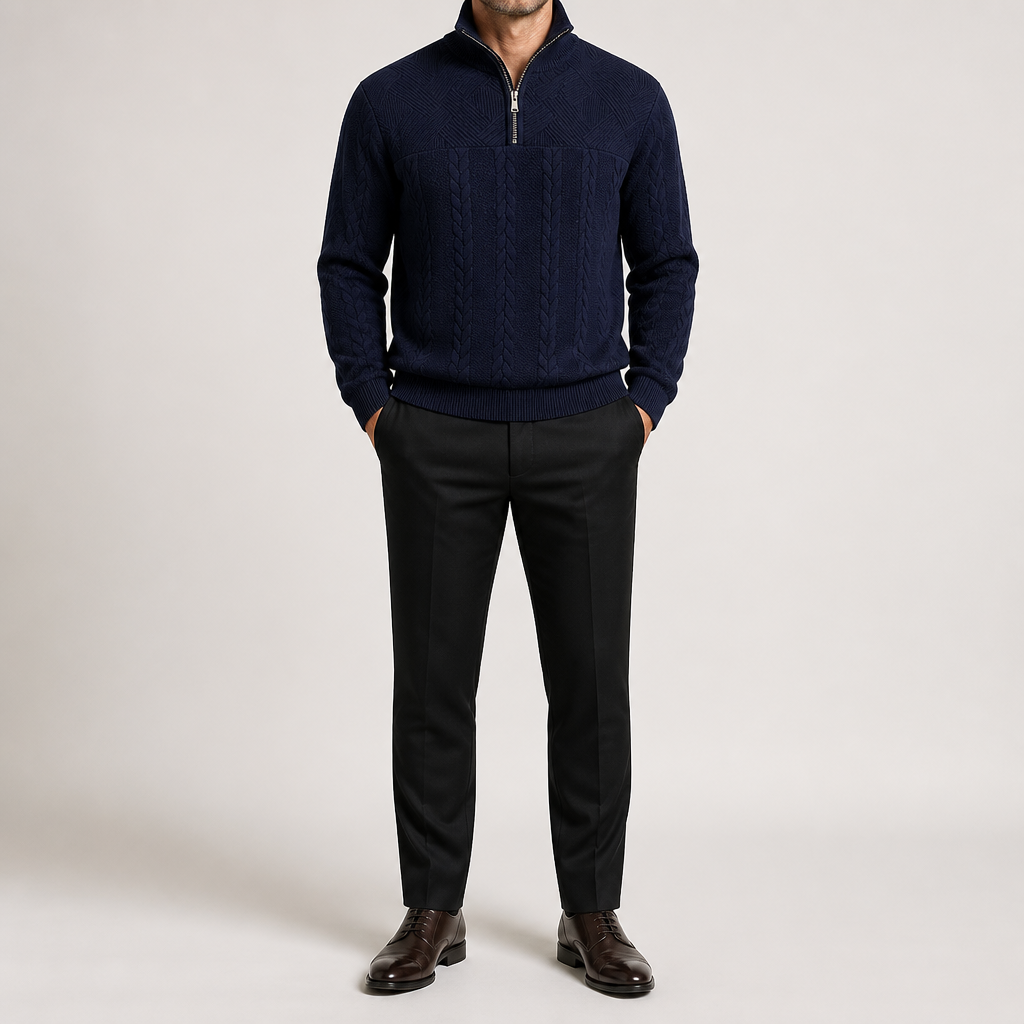 Dashiell | Mens Retro Casual Knitted Pullover Zip Shirt, Navy