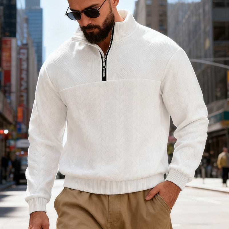 Dashiell | Mens Retro Casual Knitted Pullover Zip Shirt - White