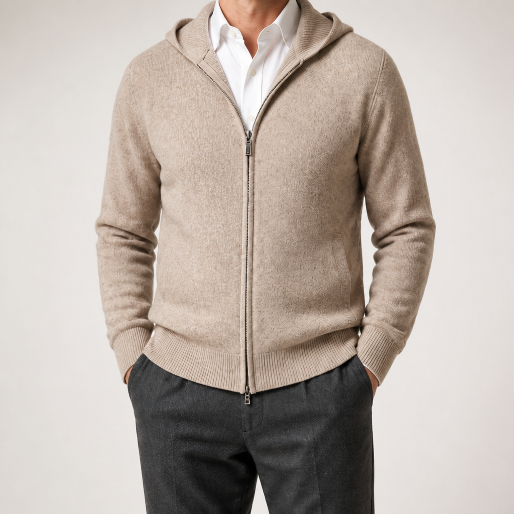 Della | Mens Knitted Tracksuit Two Piece Set Hooded Cardigan Joggers Wool, Camel