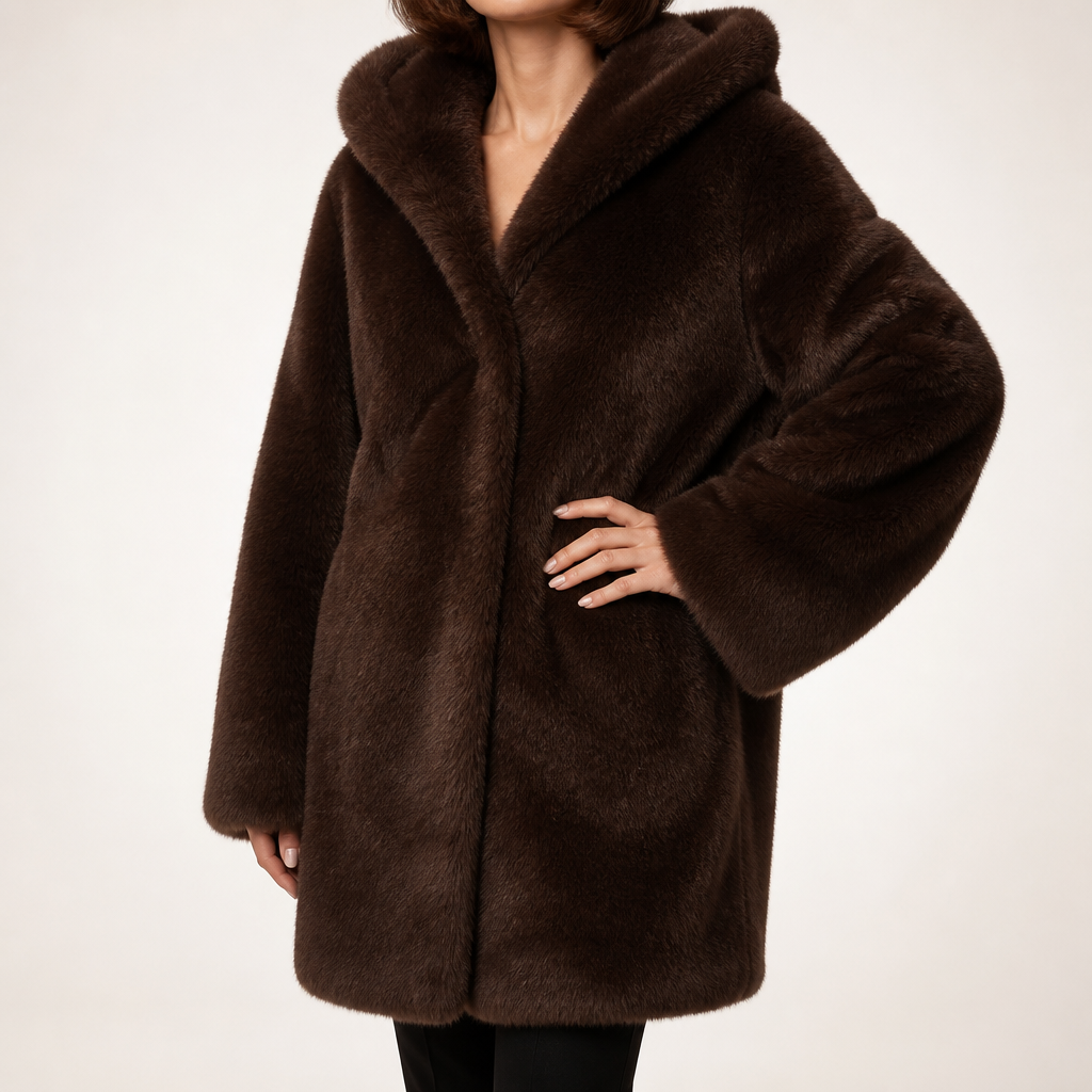 Delphine | Womens Faux Fur Coat Winter Coats Hooded Fluffy Teddy Cropped Jacket, Dark Brown