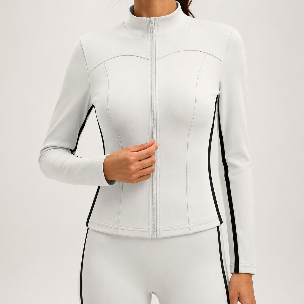 Delphine | Womens Sports Jacket Slim Fit Stand Collar Running Yoga Activewear Top, White